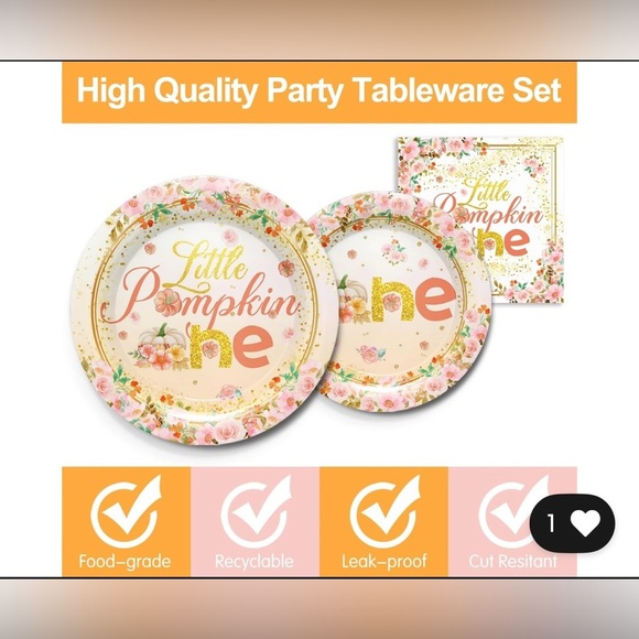 NEW Little Pumpkin First Birthday Decorations Tableware Service for 24 - Picture 4 of 8